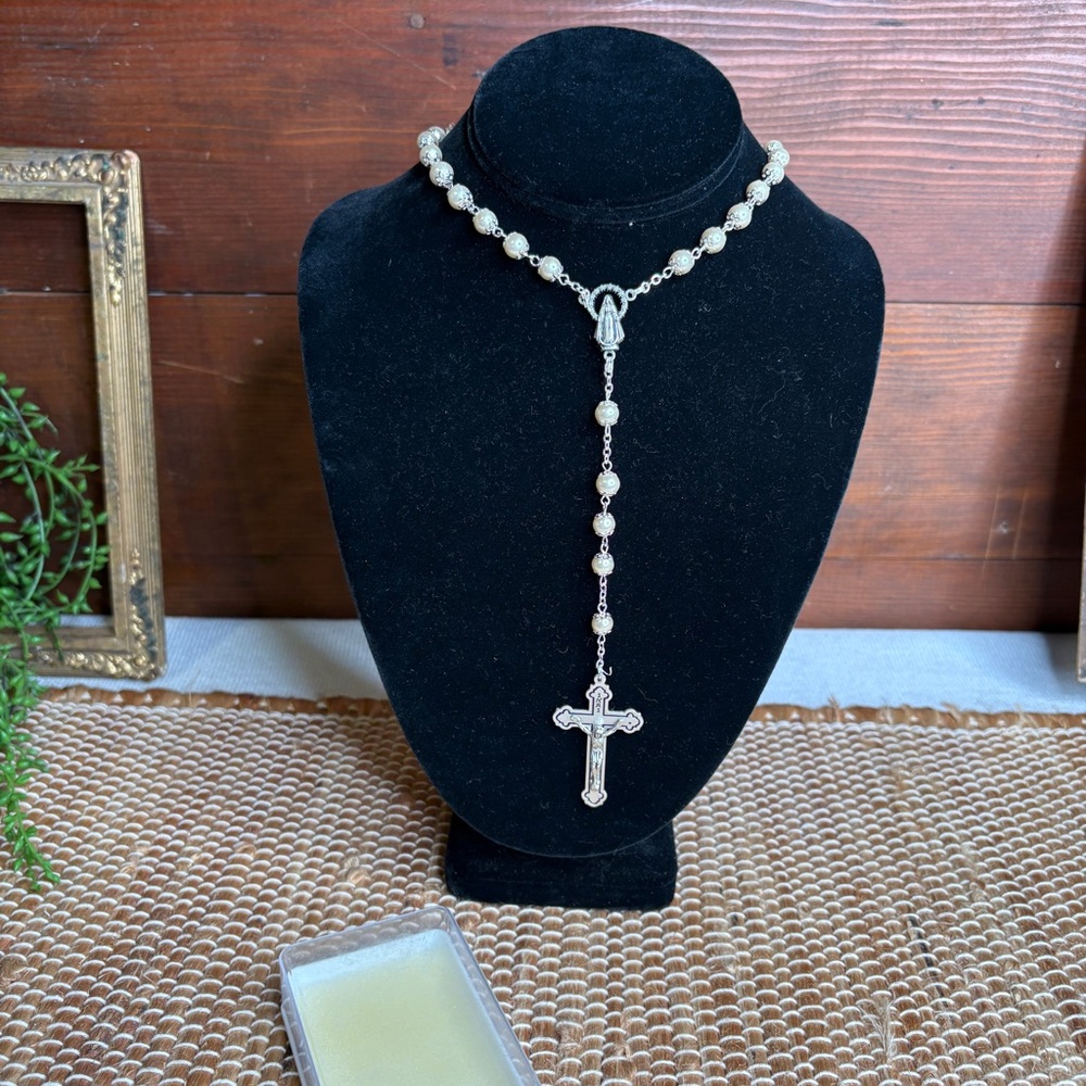 Vintage Pearl Beaded Silver Italian Rosary Necklace